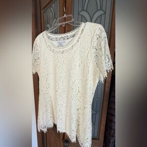 Isaac Mizrahi Blouse Women's Large Ivory Floral Lace Short Sleeve Crew Neck Top
